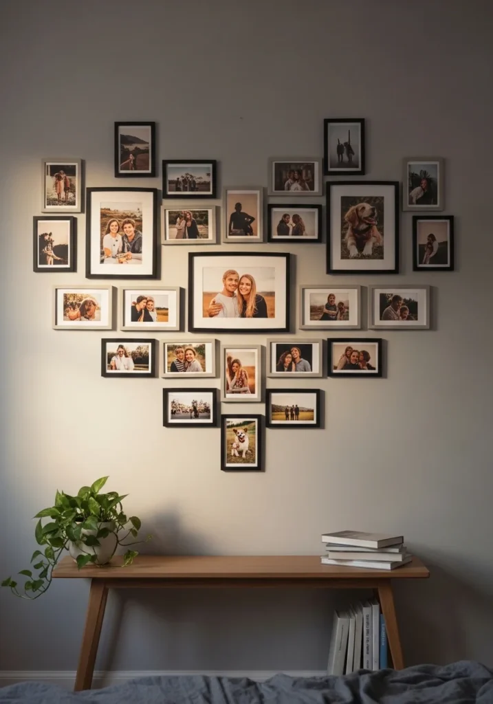 Heart shaped photo wall arrangement in a college bedroom with personal photos.