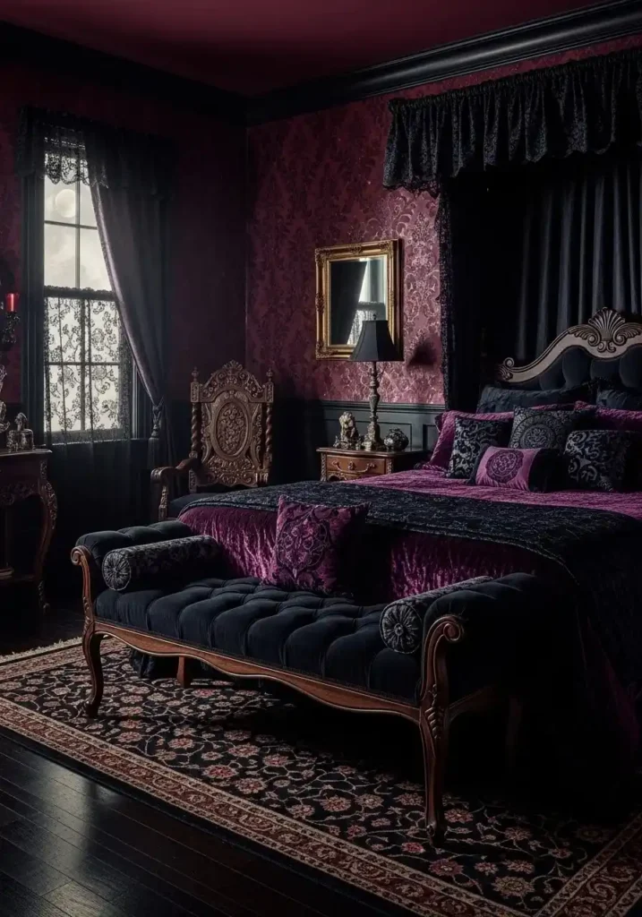Dark velvet and gothic furniture enhancing a cozy whimsigoth bedroom.
