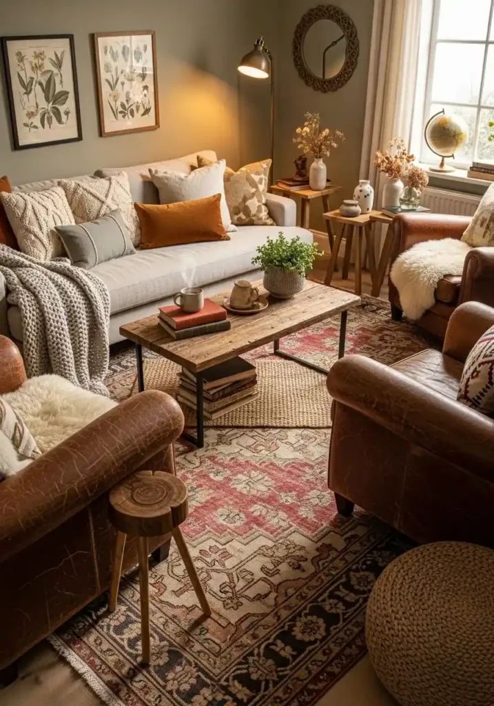 Vintage living room with layered rugs adding texture and depth.