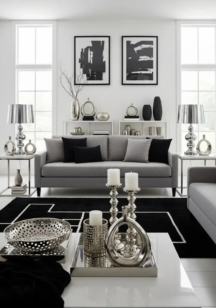 Metallic accents in a gray and black modern living room.