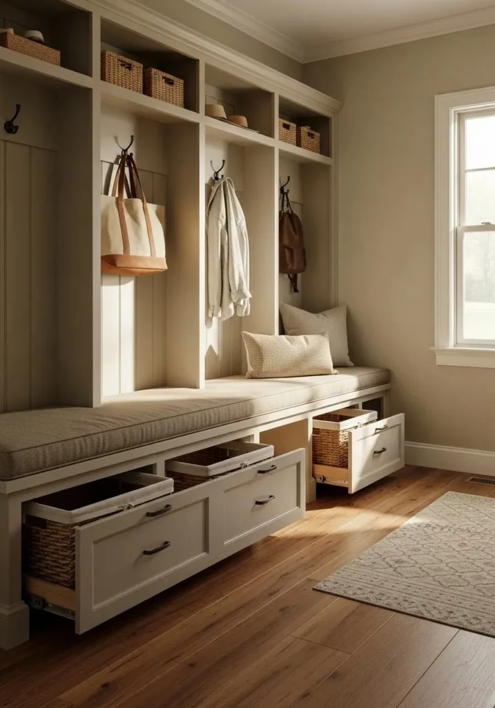 Built-in cushioned bench with hidden laundry storage in a bright, organized mudroom