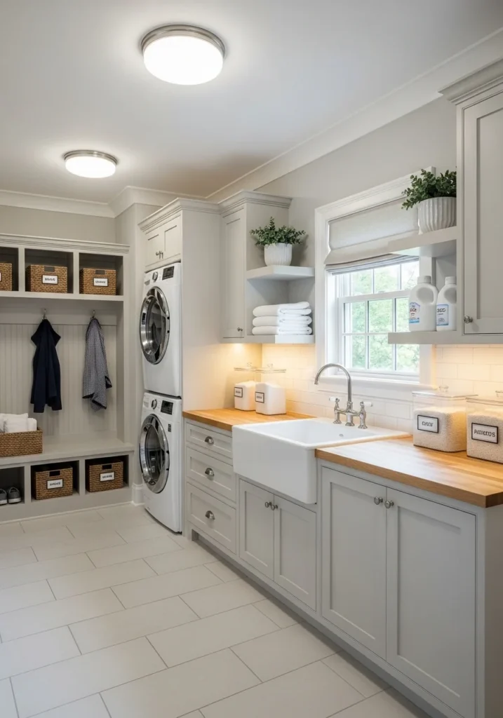 Bright and functional lighting in a mud room laundry room combo.
