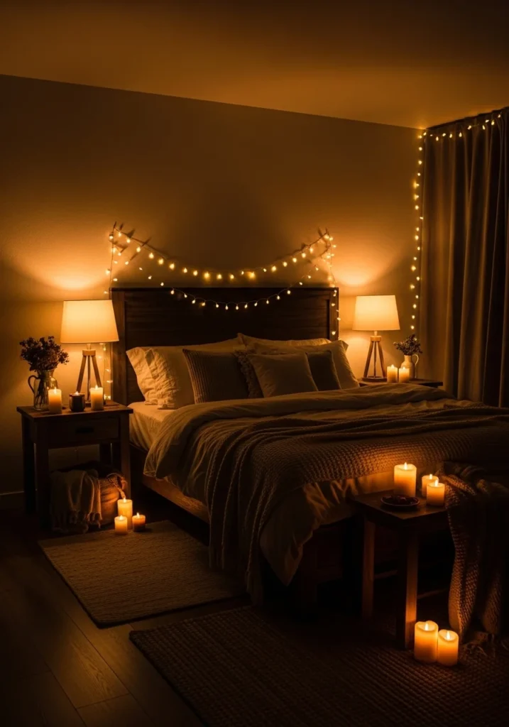 Bedroom with layered lighting using fairy lights and lamps for cozy feel