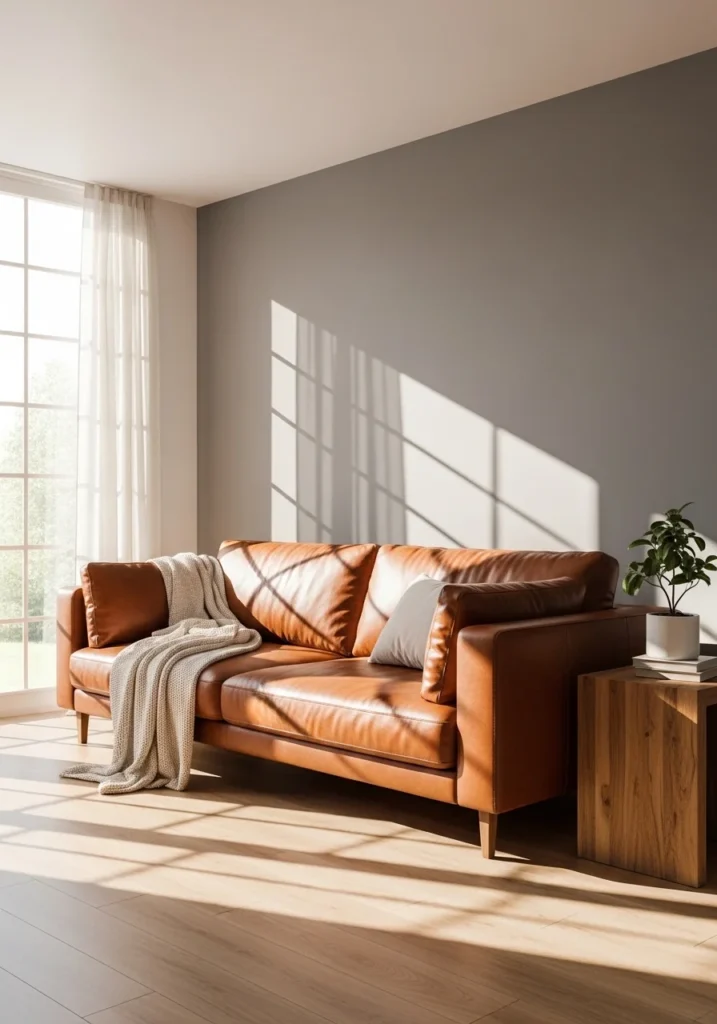 Brown leather sofa paired with gray walls and cream throw blanket creates a stylish and warm living room.