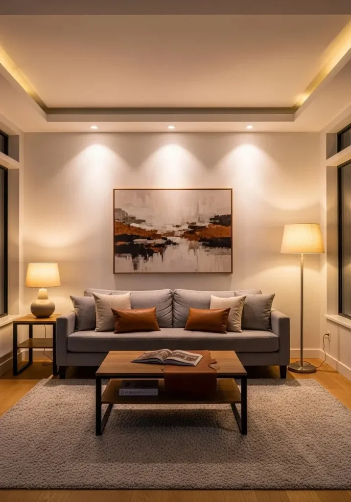 Layered lighting enhances textures and creates a cozy, stylish atmosphere in a gray and brown living room.