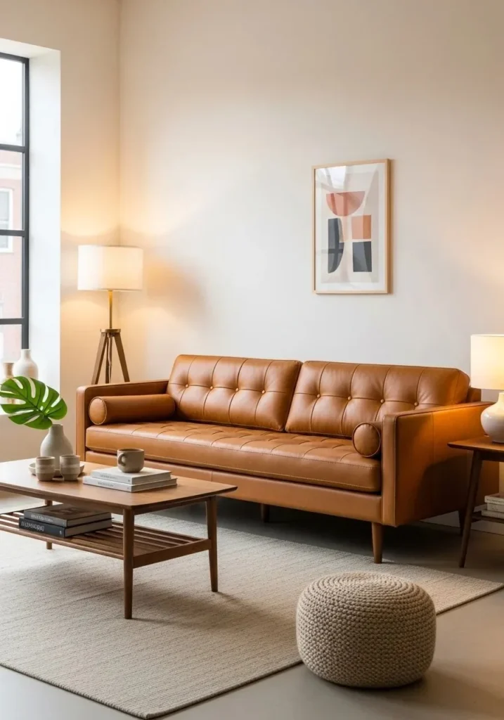 mid century modern living room with classic leather sofa