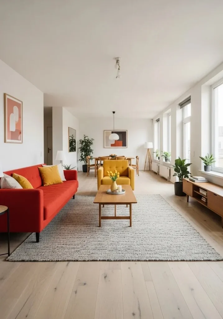Red sofa with accent chair.
