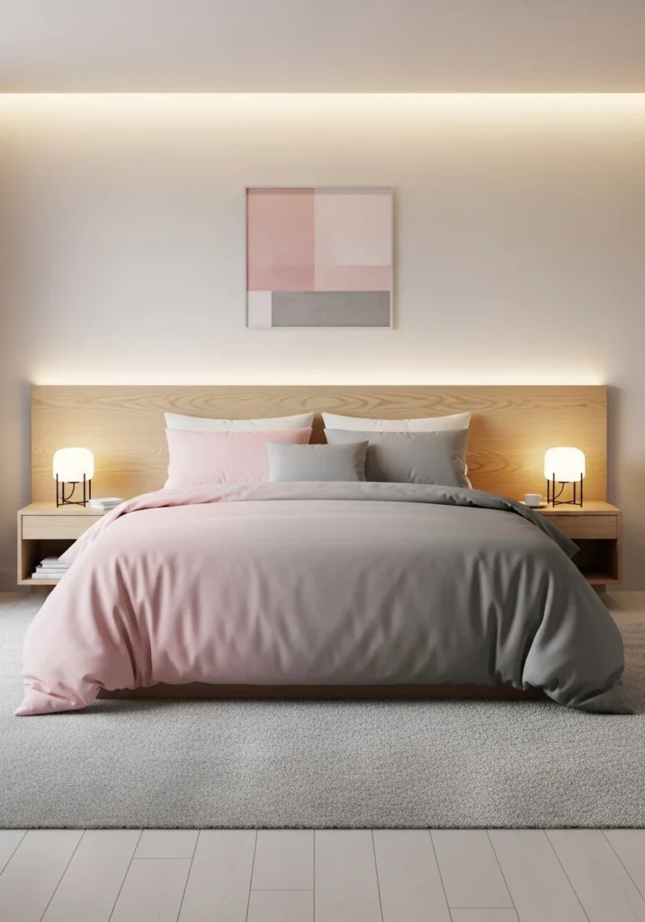 Ombre pink and gray bedding in a cozy bedroom with soft lighting.