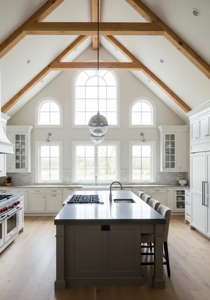 Vaulted ceiling kitchen with open space and natural light