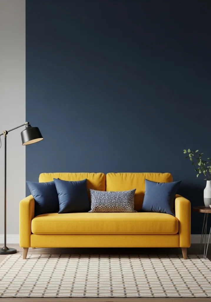 Yellow couch with navy wall backdrop.