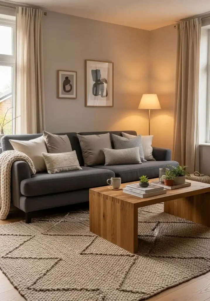 Gray and brown living room layered with charcoal sofa, taupe cushions, and light brown rug for a warm, modern look.