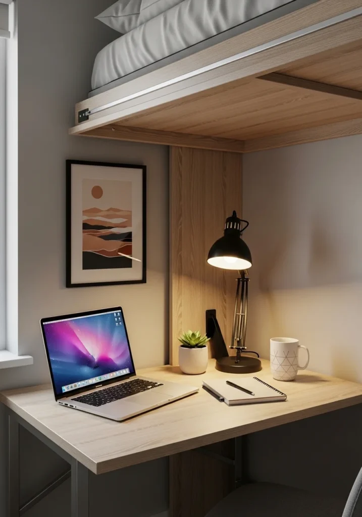 Murphy bed with integrated desk setup, combining home office functionality with sleeping space.