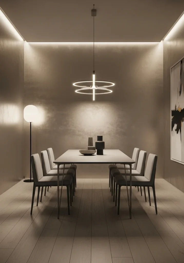 dining room with metallic foil wallpaper