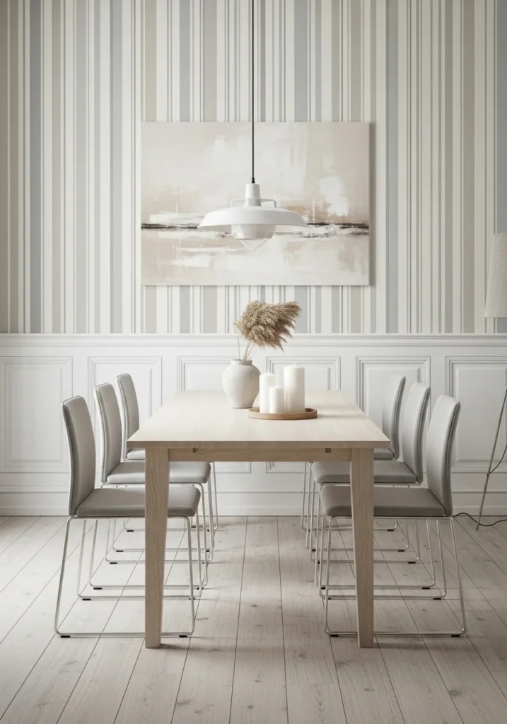 dining room with striped wallpaper