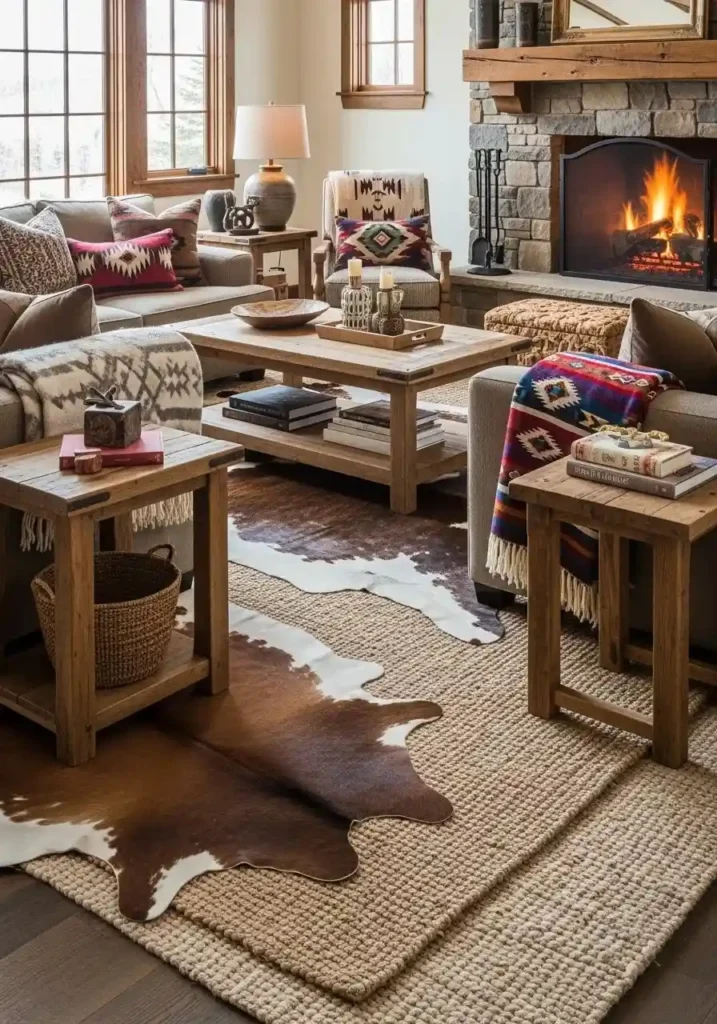 Layered cowhide and wool rugs in a rustic western living room.