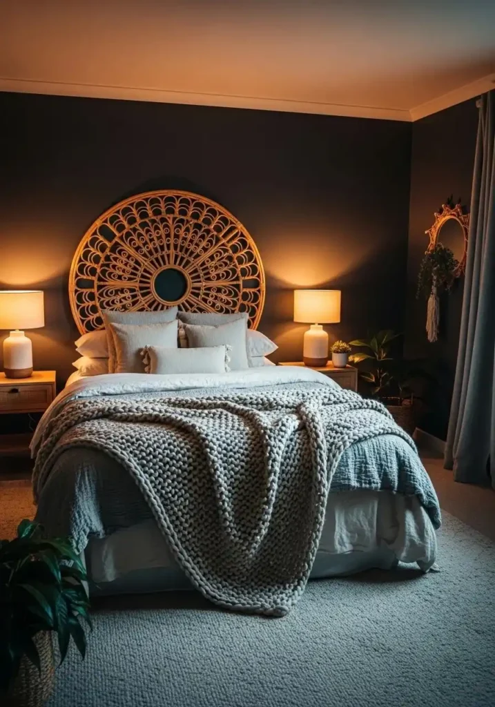 Cozy dark boho bedroom with charcoal walls and rattan furniture.