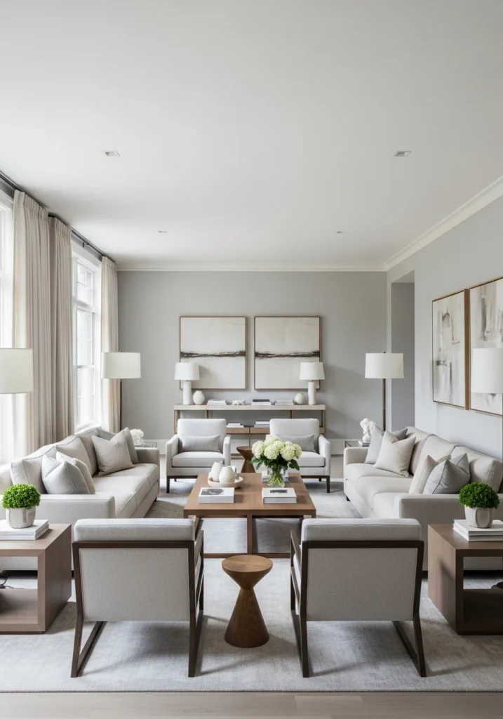 symmetrical furniture layout in long living room