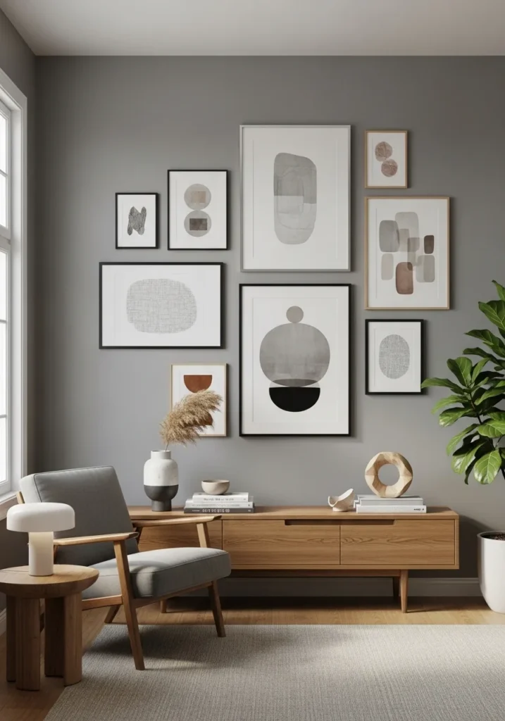 ray and brown artwork ties the color palette together, creating a curated living room focal point.