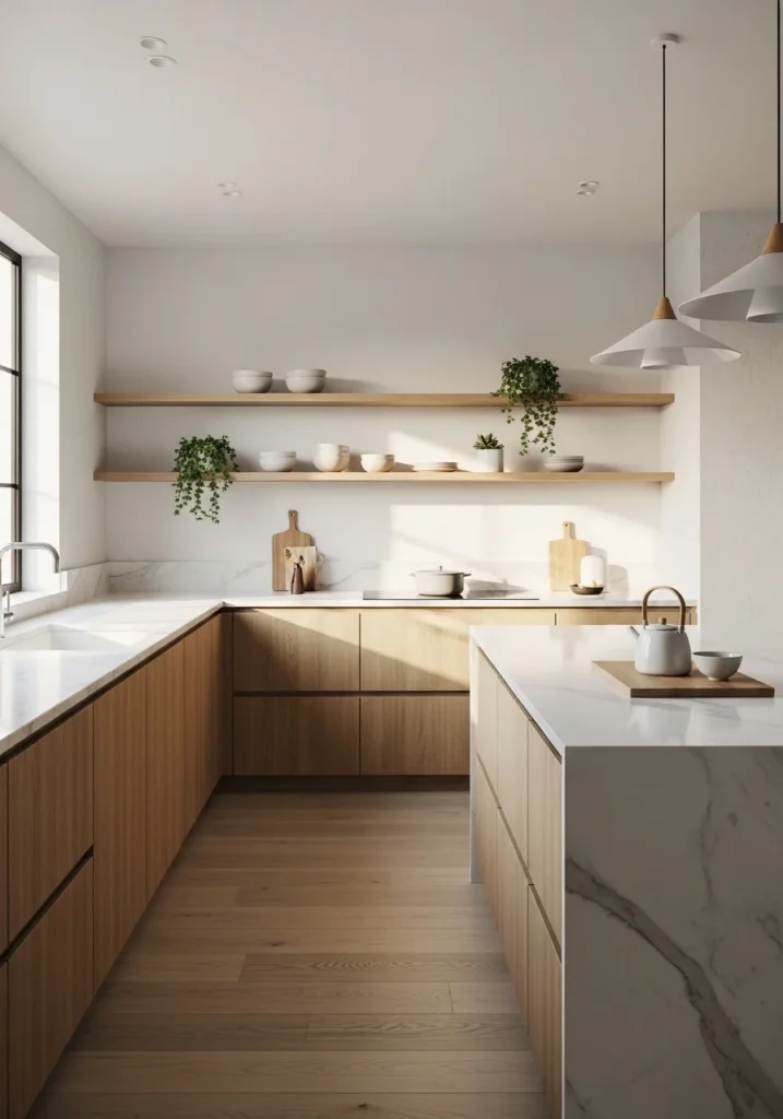 Japandi kitchen with stone countertops and natural textures