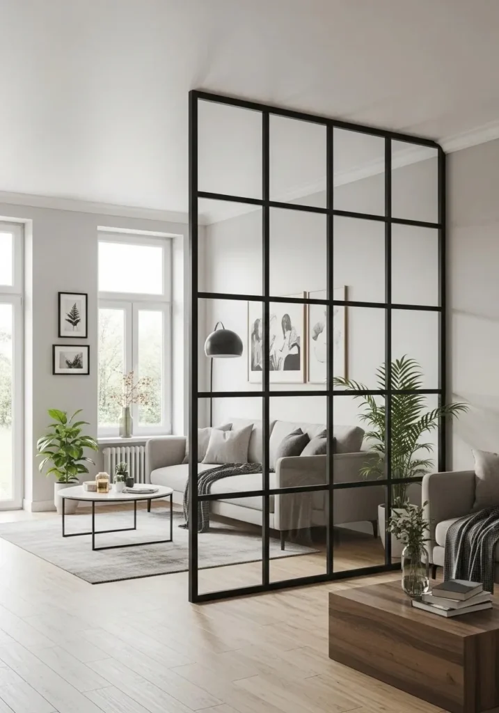 glass partition with black frames in living room divider