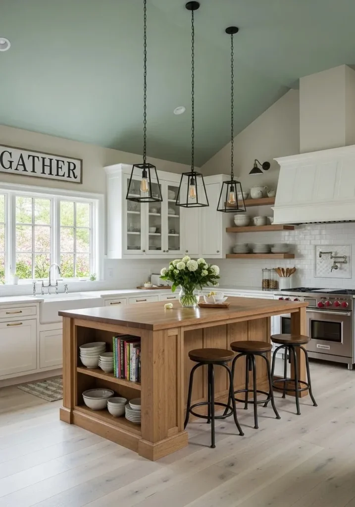 Painted ceiling in kitchen adding soft accent color and personality