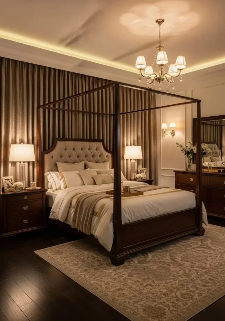 Taupe curtains with metallic gold accents adding elegance.