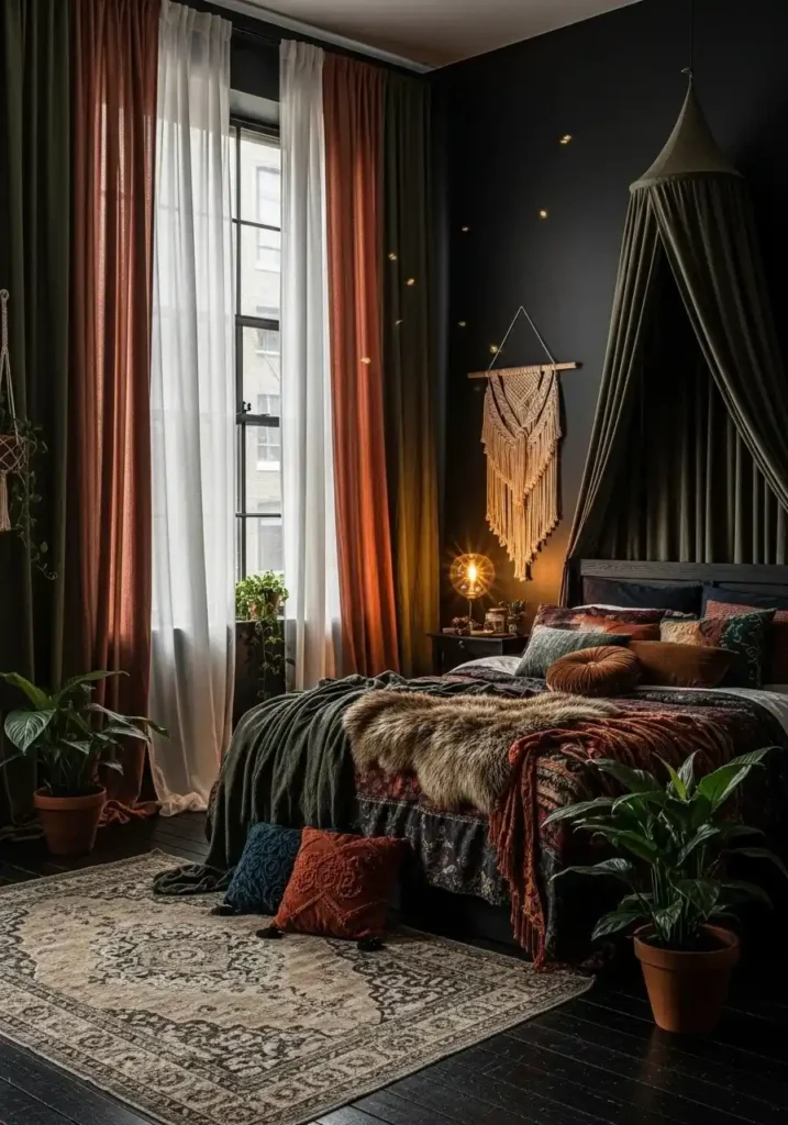 Layered curtains in a dark boho bedroom.