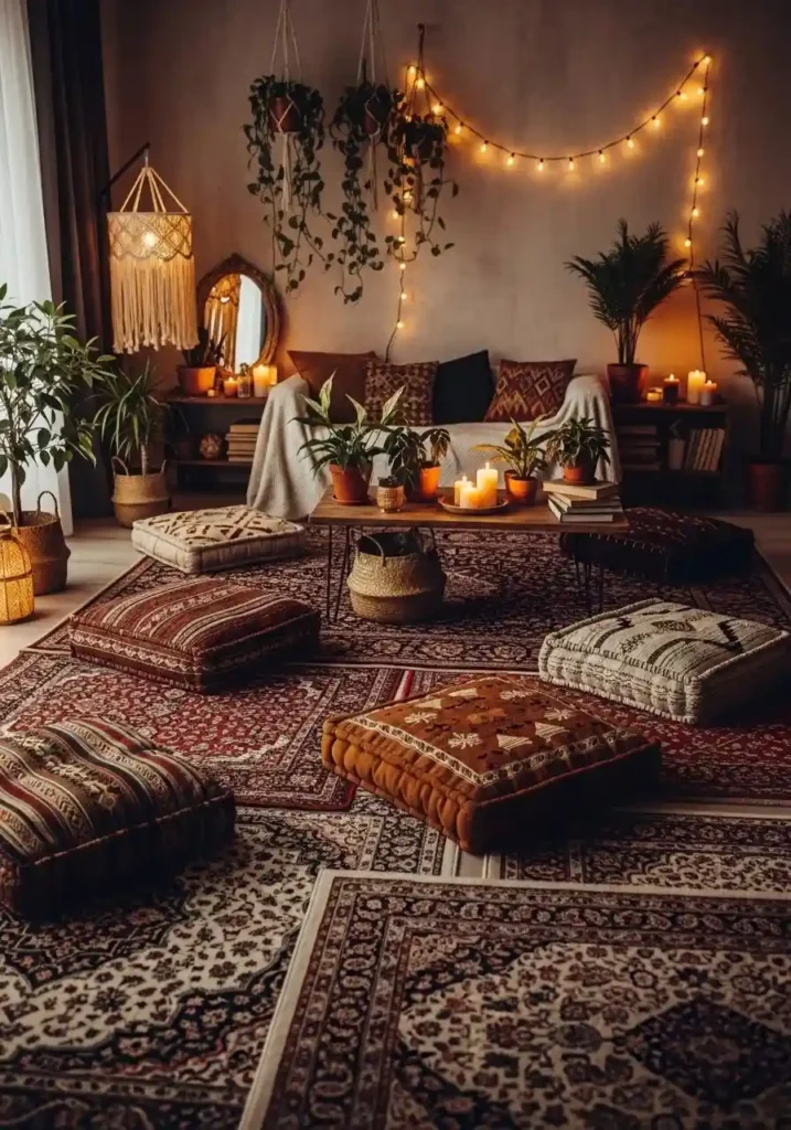 layered rugs in dark boho living room