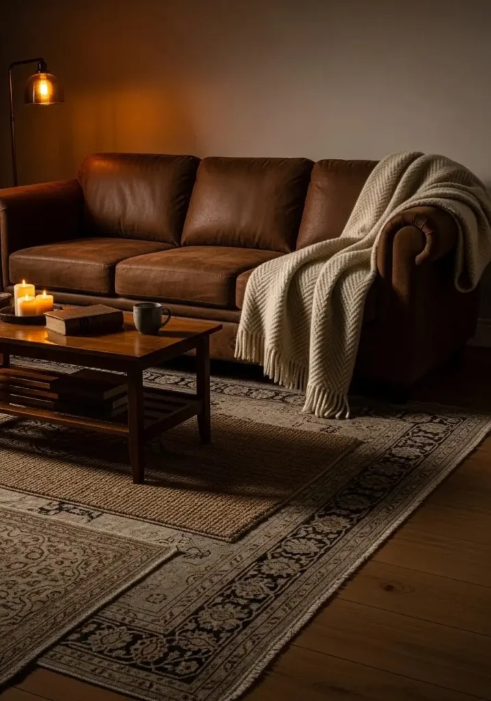 Brown leather sofa with throws and cushions in a dark academia living room.
