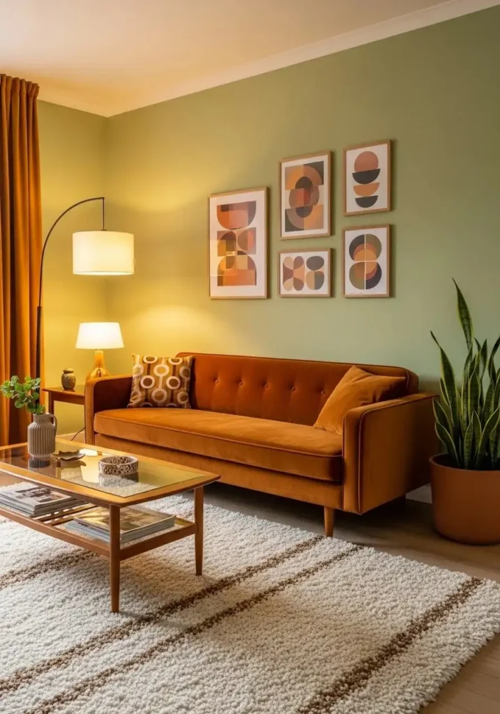 Amber velvet sofa in retro 70s living room.
