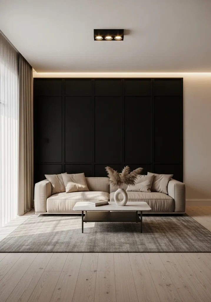 beige sofa with black wall paneling stylish living room