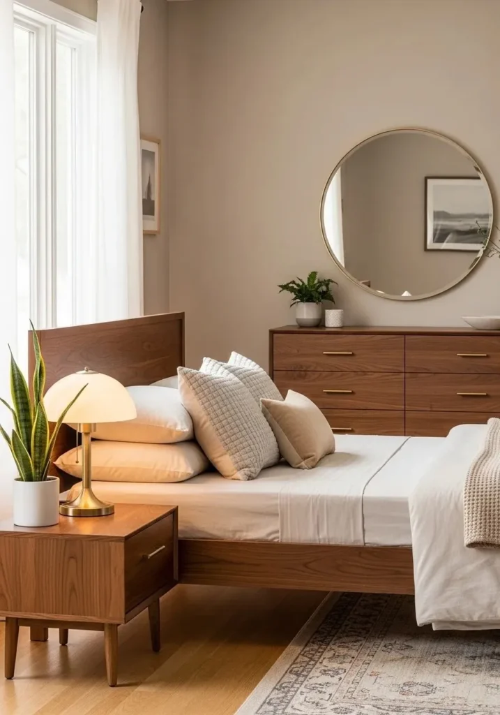 low platform bed in mid century modern bedroom, olive green bedding, wooden frame with tapered legs, simple decor, airy minimalist space