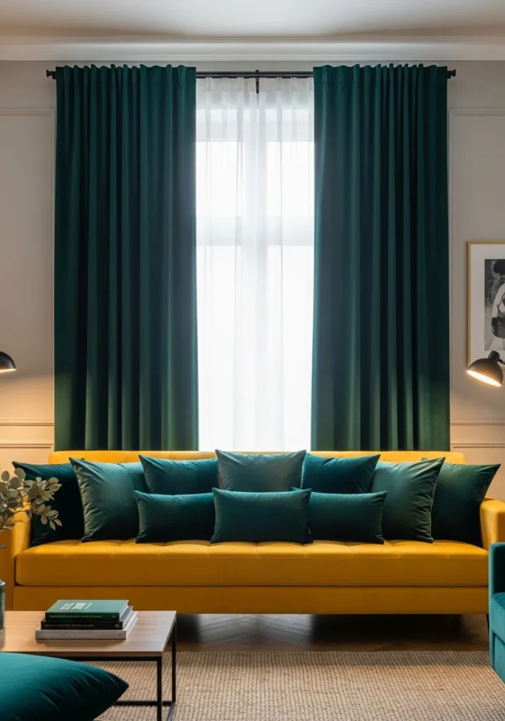 Yellow couch with jewel tones.