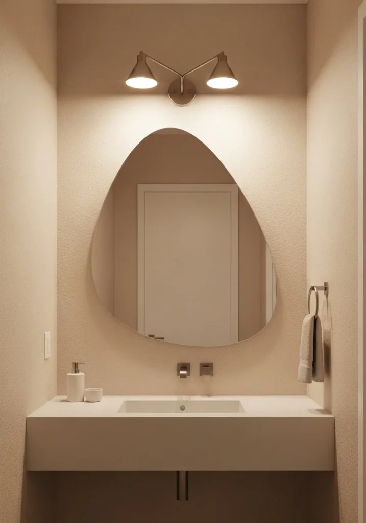 Asymmetrical mirror adding artistic style to bathroom wall.