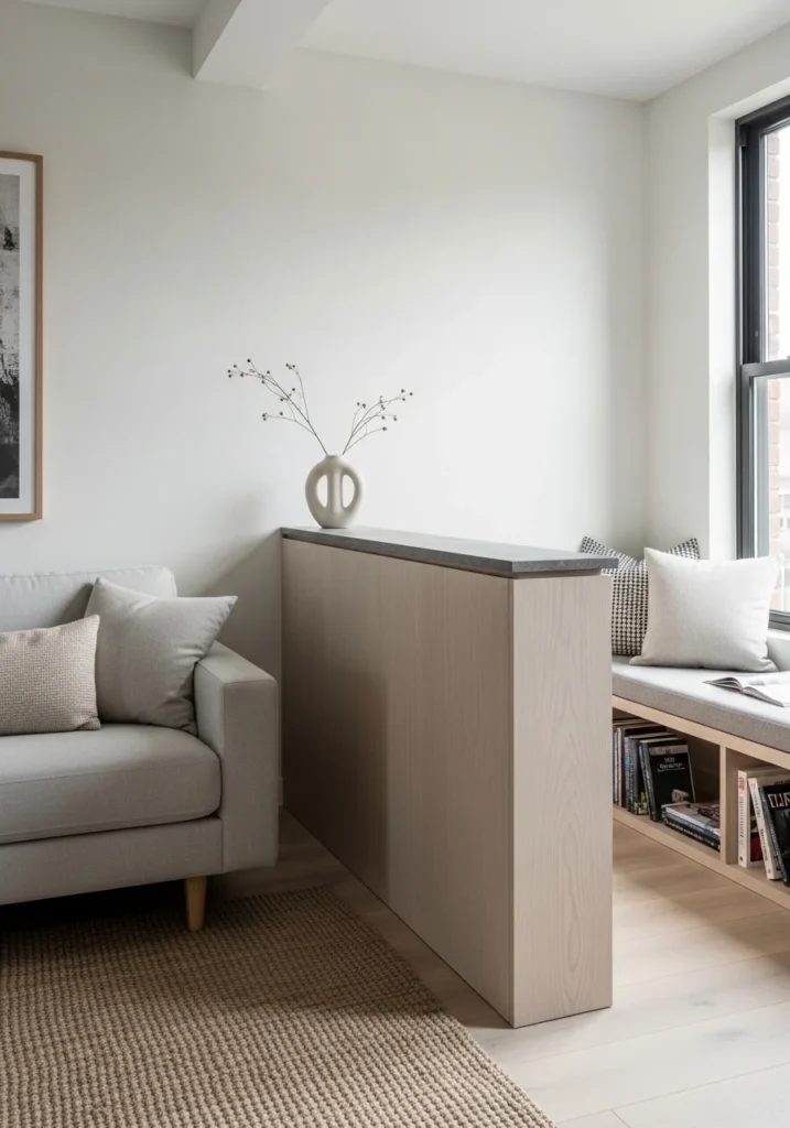 sofa placed with back facing another area, console table behind, modern living room zoning