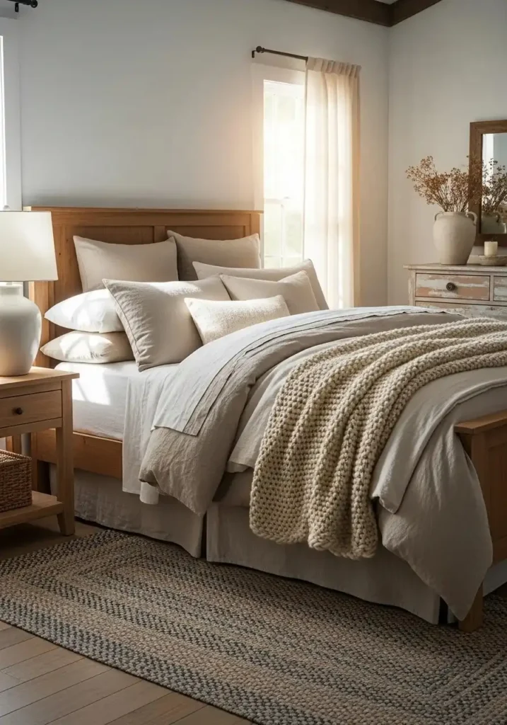 rustic bedroom layered bedding with natural fabrics