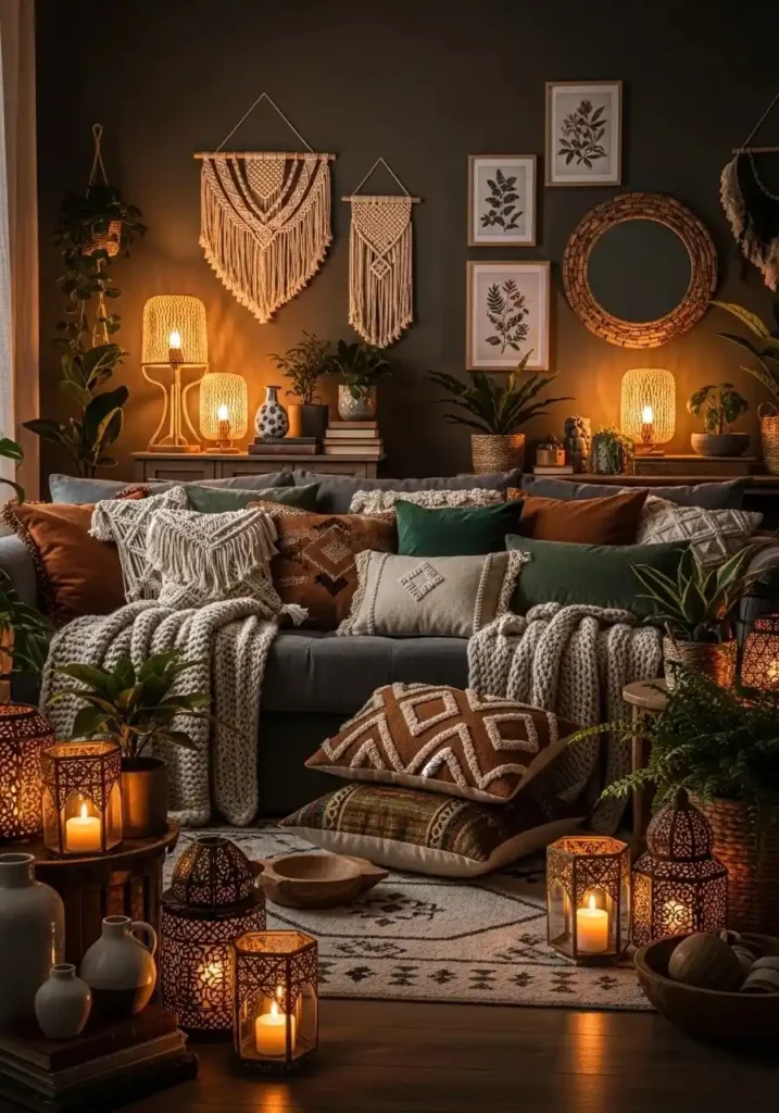warm lighting in dark boho living room