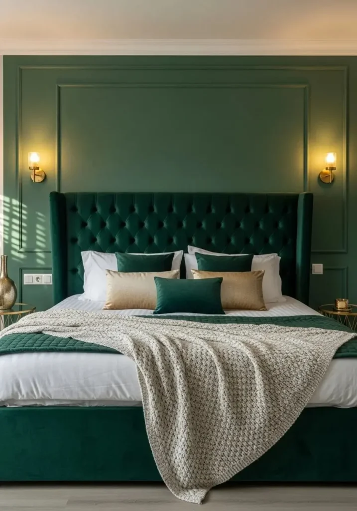 Sage green wall bedroom bathed in natural light, creating fresh and calming vibe