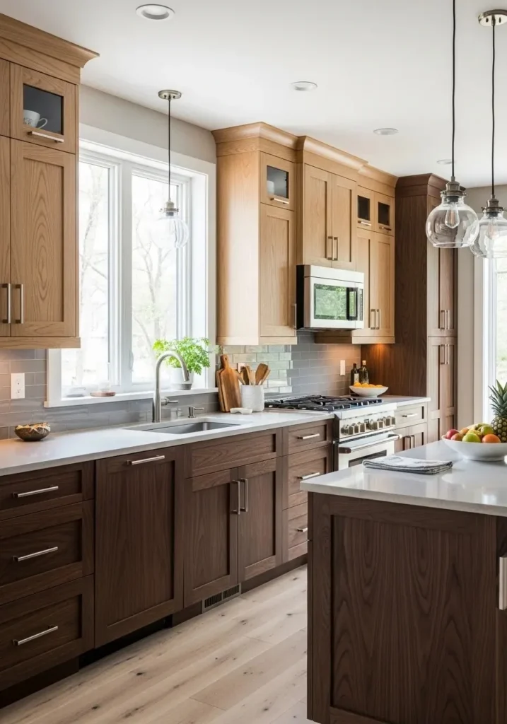 Kitchen with mixed wood tones cabinets.