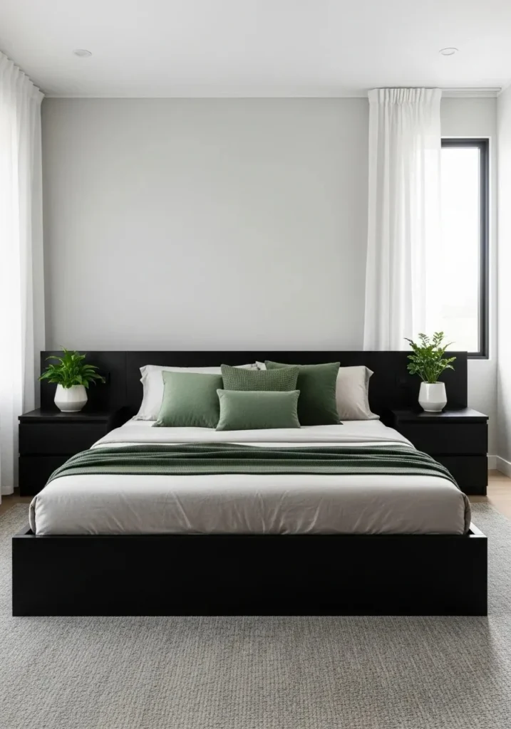 Black furniture with green decor accents gives a calm and modern bedroom feel.