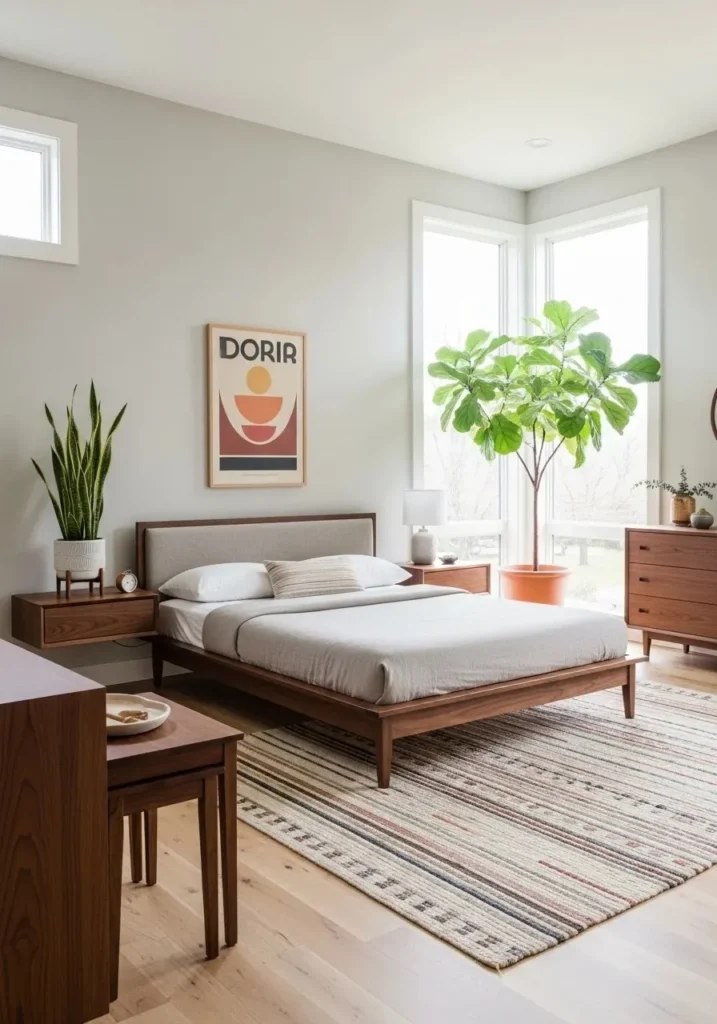 mid century bedroom with indoor plants