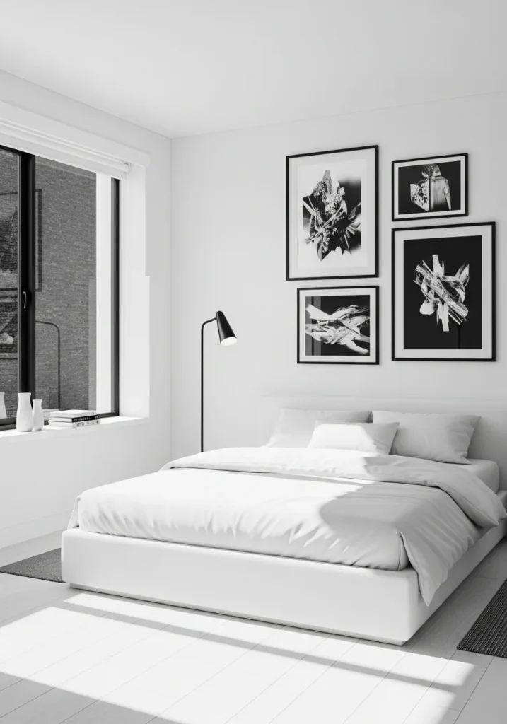 White bedroom with black accent decor and bright walls.