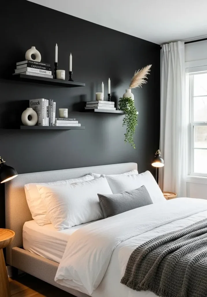 Black accent wall with floating shelves and styled decor items