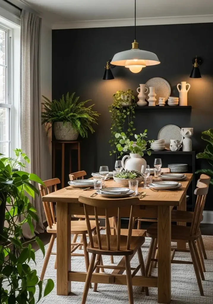 moody dining room with natural elements