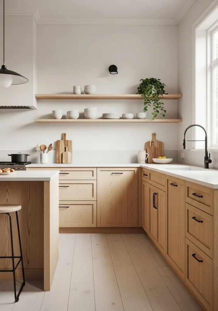 Japandi kitchen with matte black accents and modern contrast