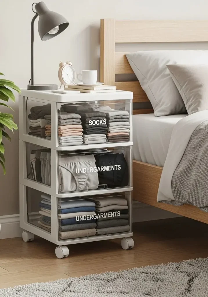 Rolling drawer cart keeping clothes organized and accessible in a small space