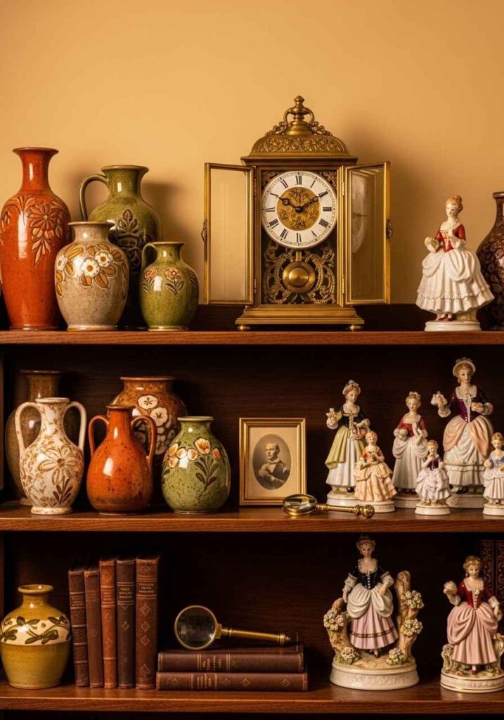 Ceramic vases and antiques decorating a vintage living room