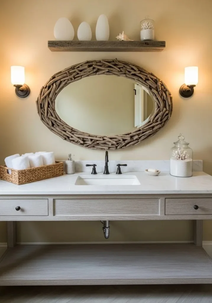 Driftwood-inspired mirror adding rustic coastal charm to bathroom