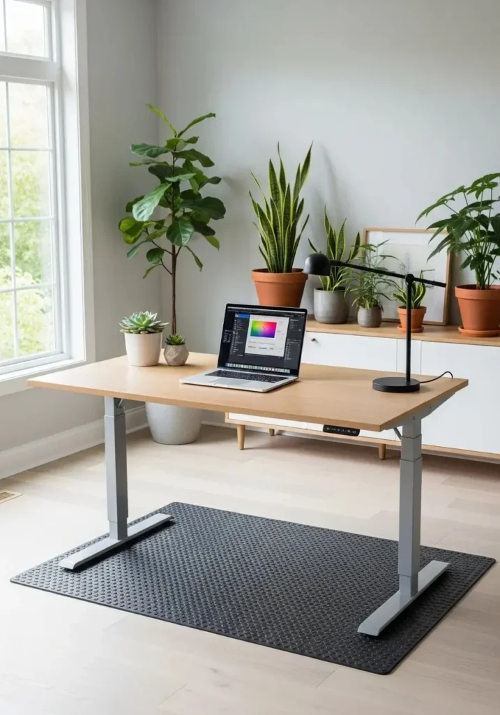 Adjustable standing desk with neutral design and ergonomic setup for a healthy and flexible workspace.