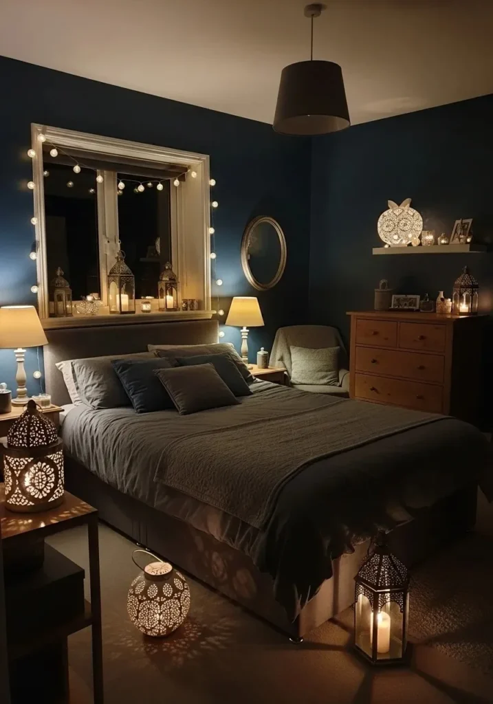 Cozy boho bedroom with warm ambient lighting and moody decor.